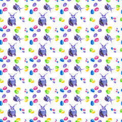 Seamless pattern of abstract multicolor and blue Bunny, pink bow and colorful Easter eggs. Watercolor illustration isolated on white background
