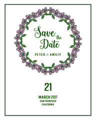 Vector illustration purple rose flower frame with design wedding save date