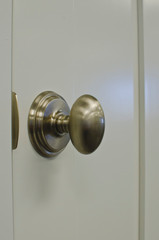 The small oval nickel style handle on the new clean door. 