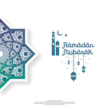 Ramadan Mubarak concept with vector typography and abstract islamic mandala for invitation banner, flayer, card background or cover. celebration of Ramadan Kareem or eid greeting design concept