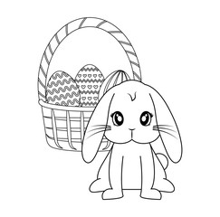 cute rabbit with basket and eggs of easter
