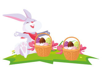 cute rabbit easter with eggs painted in basket