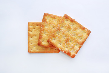 Stacked Cracker biscuit on white background. Close up.