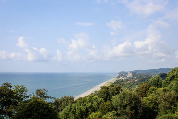Beach, sea from the lookout. Georgia, the Black Sea. Green thickets, plants. heavenly place. Paradise. August 2018. Tourism, Botanical Garden, Batumi.