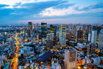 city skyline aerial night view in Tokyo, Japan