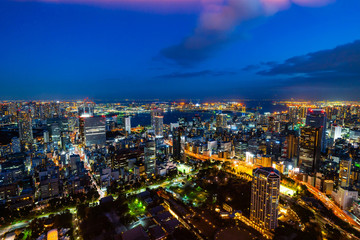 Fototapeta na wymiar city skyline aerial night view in Tokyo, Japan