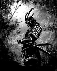 Black silhouette of a Japanese warrior against the night forest © warmtail