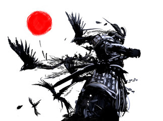 Samurai stands against a white sky with a red sun, from his back flies a flock of crows