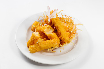 Traditional oriental cuisine of  Vietnam. Tempura cheese in breading on a white background