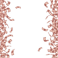 Russian ruble notes falling. Small RUB bills on wh