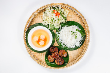 Traditional oriental cuisine of  Vietnam. Bun cha rice noodles with meat steak and bean sprouts