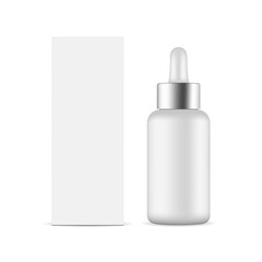 Dropper bottle with metal cap and packaging box mockup isolated on white background. Vector illustration