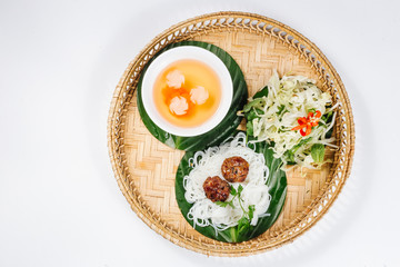 Traditional oriental cuisine of  Vietnam. Bun cha rice noodles with meat steak and bean sprouts