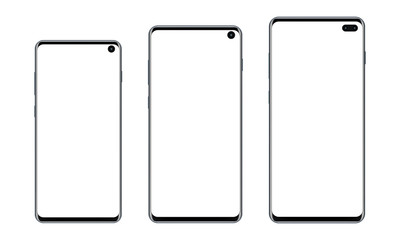 Set of modern frameless smartphones with blank screens isolated on white background. Vector illustration - obrazy, fototapety, plakaty