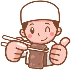Vector illustration of Cartoon Chef presenting food beef grill