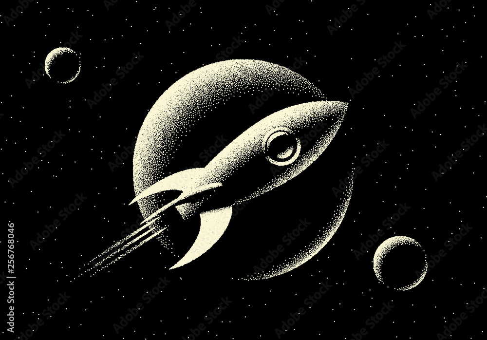 Poster space landscape with scenic view on planet, rocket and stars made with retro styled dotwork