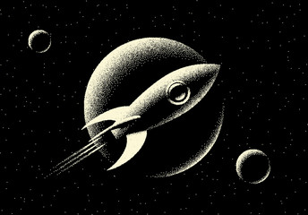 Space landscape with scenic view on planet, rocket and stars made with retro styled dotwork © swillklitch