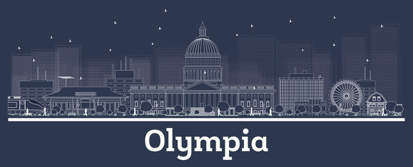 Outline Olympia Washington City Skyline with White Buildings.