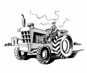 Farmer on tractor. Ink black and white drawing