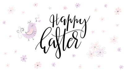 vector hand lettering happy easter phrase with doodle flowers