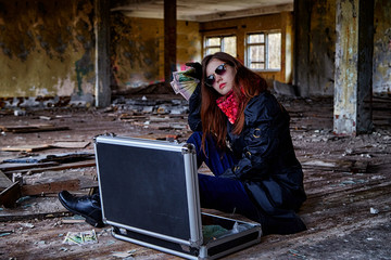 Girl in a black cloak with a diplomat and money in a ruined room. A spy in a secret meeting....