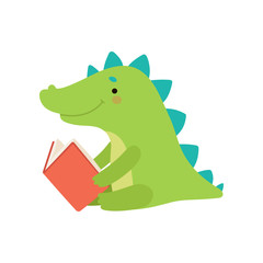 Cute rocodile Reading Book, Adorable Smart Animal Character Sitting with Book Vector Illustration