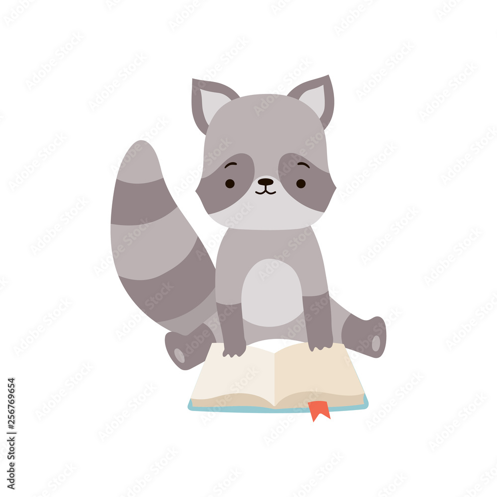 Wall mural cute raccoon reading book, adorable smart animal character sitting with book vector illustration