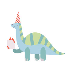 Dinosaur in Party Hat, Cute Dino Character with Gift Box, Happy Birthday Party Design Element Vector Illustration
