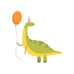 Cute Dinosaur in Party Hat with Red Balloon, Funny Green Dino Character, Happy Birthday Party Design Element Vector Illustration