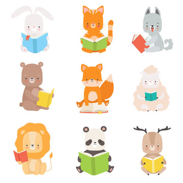 Cute Animals Characters Reading Books Set, Adorable Smart Cat, Panda Bear, Lion, Lamb, Fox, Wolf, Bunny, Deer Sitting with Books Vector Illustration