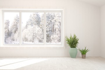 White stylish empty room with winter landscape in window. Scandinavian interior design. 3D illustration