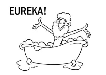 Eureka archimedes greek bathroom water physics cartoon illustration isolated image  - obrazy, fototapety, plakaty