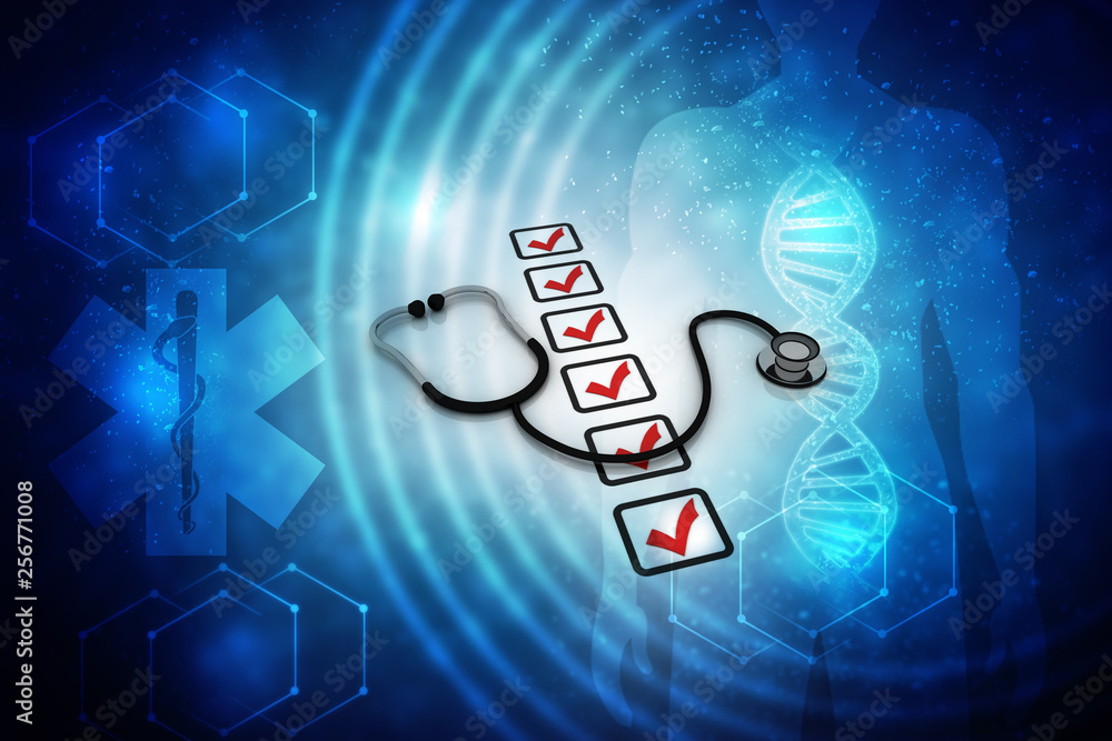 Poster 3d rendering stethoscope with check list