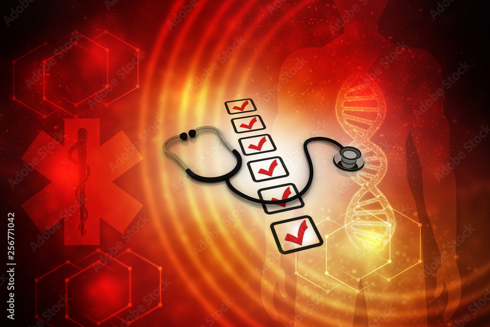Poster 3d rendering stethoscope with check list