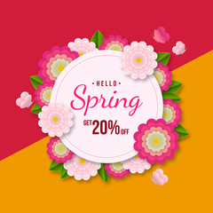 Spring sale background with colorful flower and leaf for spring offer 20% off.