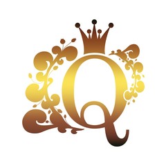Vintage royal emblem with Q letter silhouette decorated by floral pattern. Medieval queen crown. Fashion branding emblem