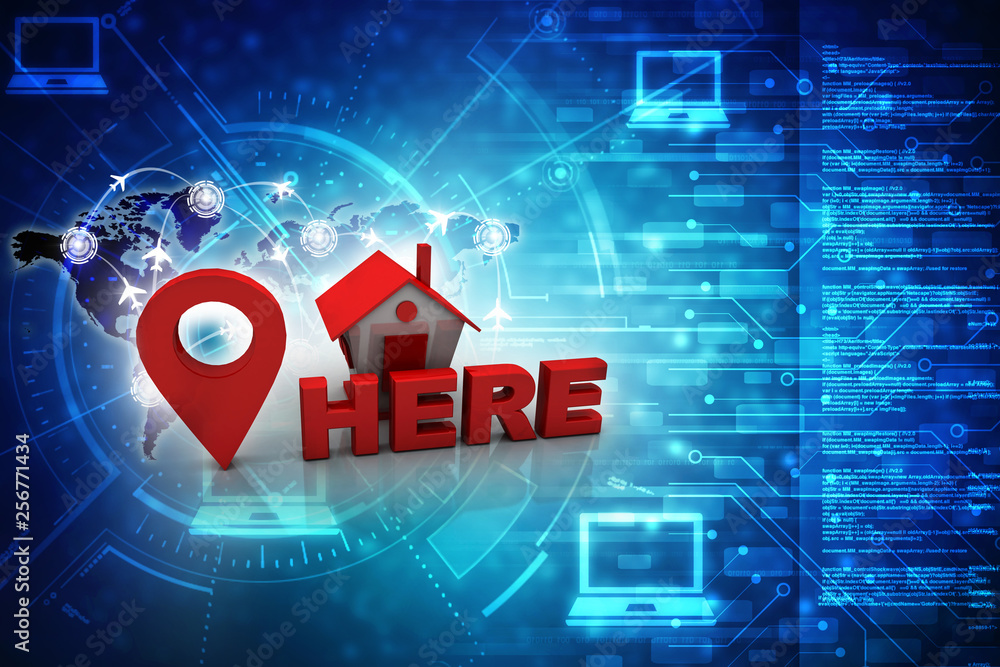 Poster 3d illustration search for property.a map with large red gps pointer containing