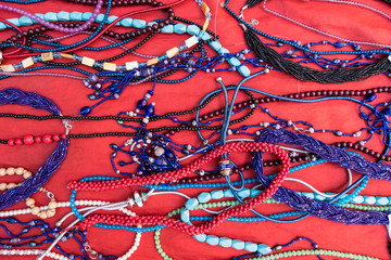 Colorful bracelets and necklaces for sale.