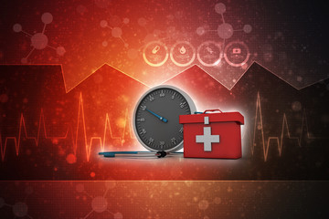3d rendering First aid kit with stop watch