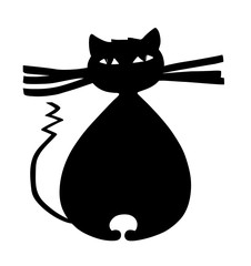 Thick black cat with big whiskers and curved tail cartoon illustration sketch © venecia