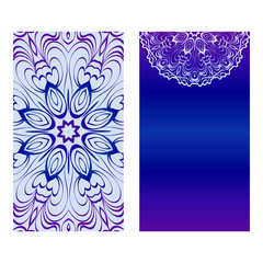 Vintage Cards With Floral Mandala Pattern. Vector Template. The Front And Rear Side. Blue, purple silver color