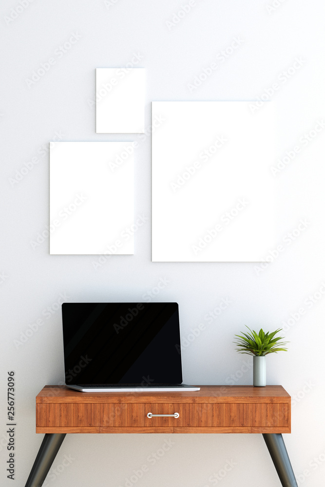 Aufkleber 3d rendering : illustration of mock up laptop pc put on wooden desk. three frame hanging on wall. fr