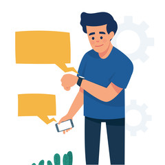 Man standing and looking at his smartwatch, man standing and looking at a notification at his smartwach from his phone, Synchronization and paring between smartwatch and smartphone, vector flat