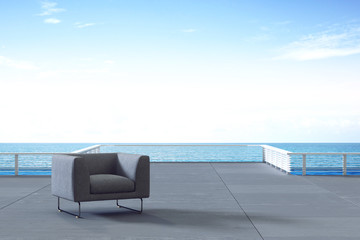 Fototapeta na wymiar 3D Rendering : illustration of resting area of balcony with two couch armchair sofa outdoor. high view. sun deck of resort. blue sea view and blue sky with cloud. take a rest time concept.