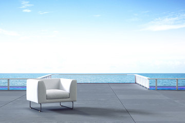 3D Rendering : illustration of resting area of balcony with two couch armchair sofa outdoor. high view. sun deck of resort. blue sea view and blue sky with cloud. take a rest time concept.
