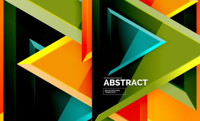 Triangles repetiton geometric abstract background, multicolored glossy triangular shapes, hi-tech poster cover design or web presentation template with copy space