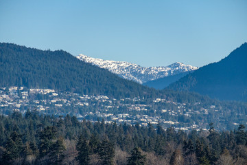 buildings on the slope of forest covered mountain range with peaks covered with snow under blue sku