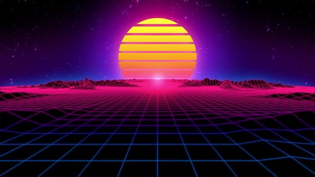 Camera drifts toward an 80s retro sunset over a tech grid with a twinkling star field background and low-poly mountain ranges. 30-second seamless loop.