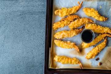 Shrimp Tempura with Soy Sauce on Oven Tray.