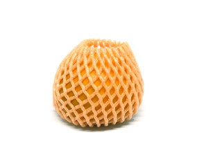 Ripe orange with foam protection net isolated on white background